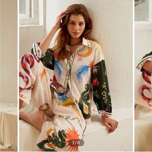 Commense Boho Print Loose Shirt With Wide Leg Pants Set size extra small xs NWT